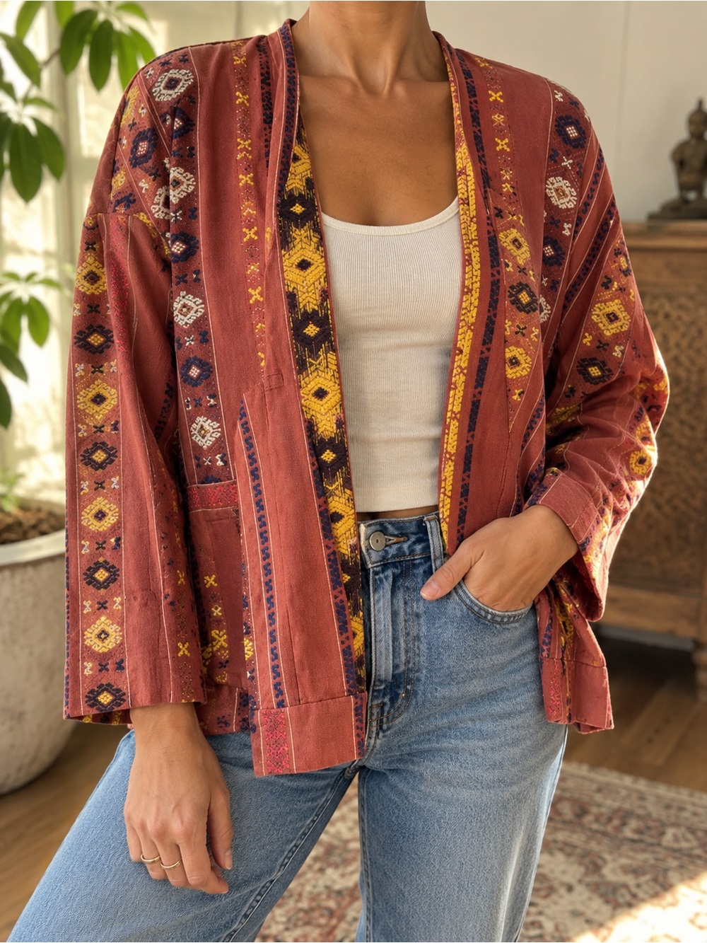 Madewell Rust Embroidered Open-Front Jacket with Yellow & Navy Accents